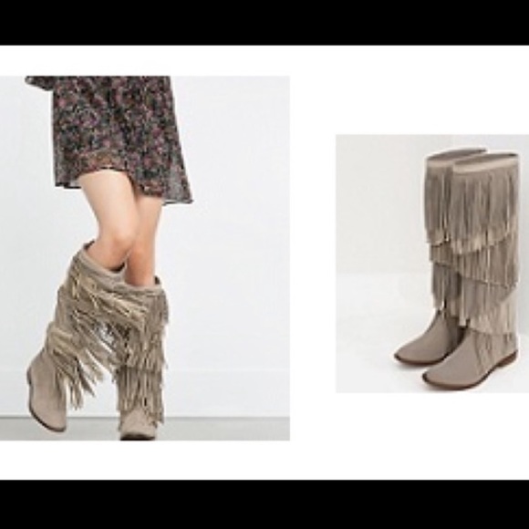 New Zara Moccasins Knee High Fringe Boots Leather - Picture 3 of 10